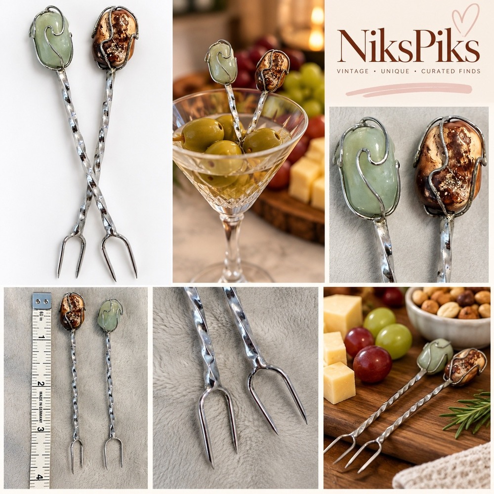 Artisan Stone Appetizer Forks Set of 2 Wire Wrapped Cocktail Picks 4"